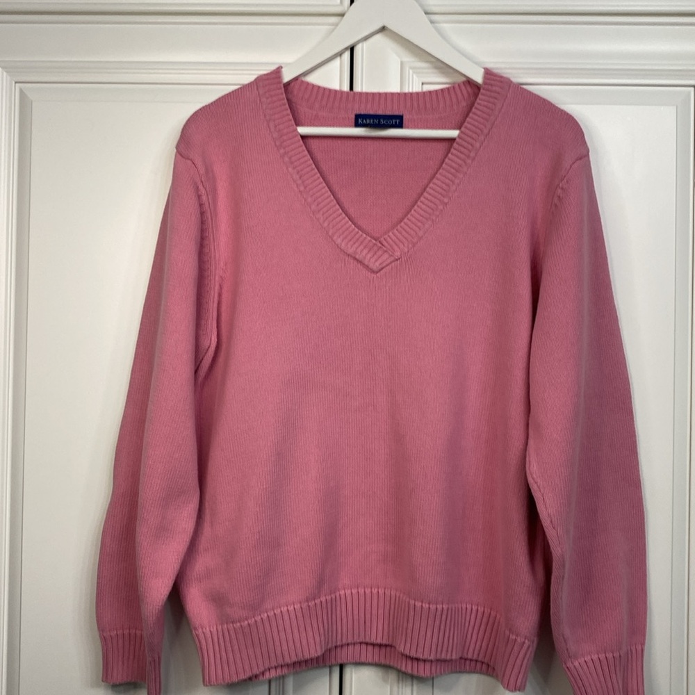 Karen Scott Women’s Size XL V Neck Pink Cotton Sweater Top Shirt Sweatshirt VTG